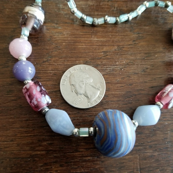 Relisted -striped Bead Necklace Pink Grey Lavender - Picture 3 of 4